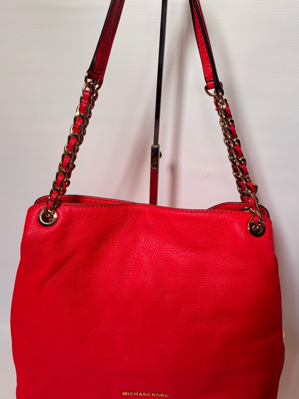 Michael Kors Red Pebbled Leather Shoulder Bag with Gold Chain Straps